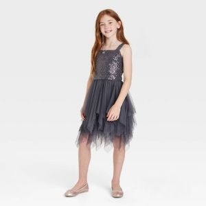 Girls' Sequin Tiered Tulle Dress - Cat & Jack™ Charcoal Gray-M-7/8